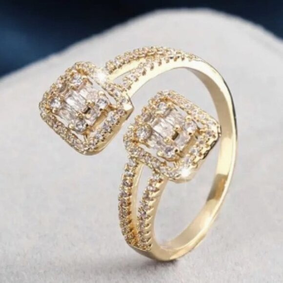 18k Gold Plated Open Adjustable Silver Diamond Ring - Picture 1 of 3